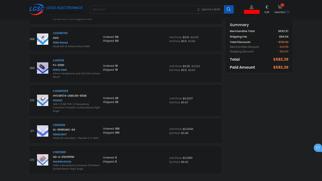 LCSC order summary showing the itemized components and paid total