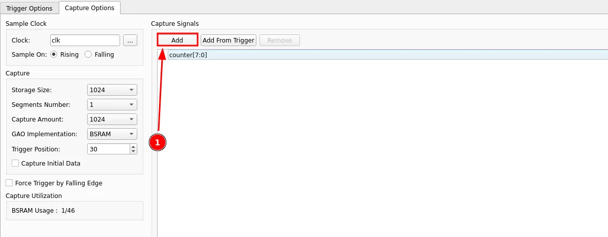 Capture Signals list with counter[7:0] already present and the Add button highlighted to add another signal