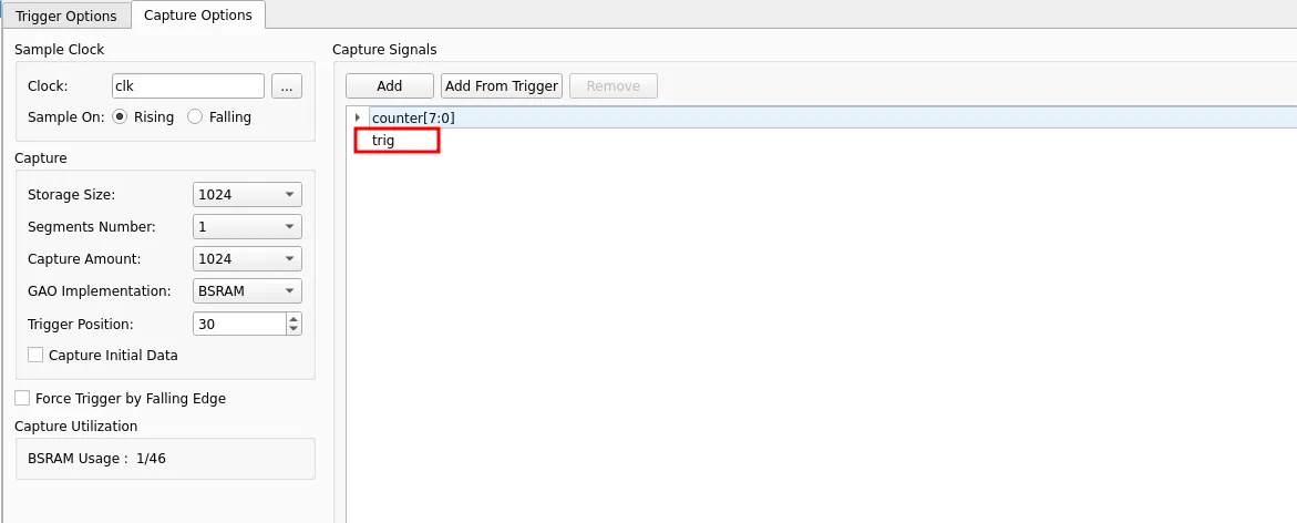 Capture Signals list now containing both counter[7:0] and trig
