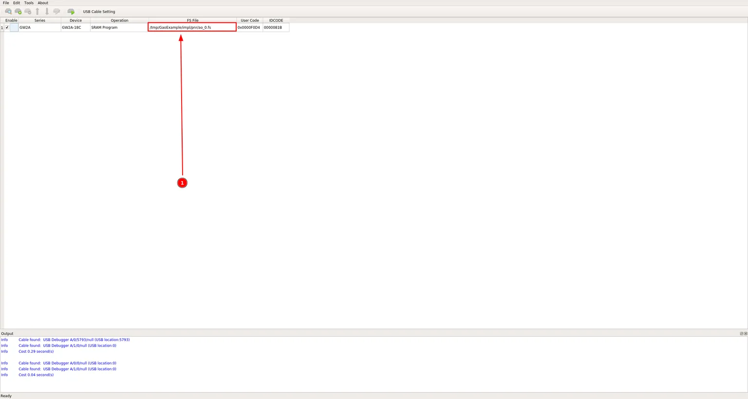 USB Cable Setting dialog with the FS File pointing at the GAO-instrumented ao_0.fs bitstream