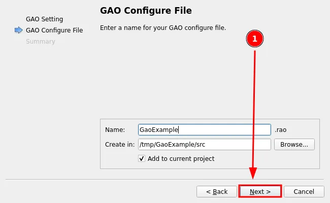GAO Configure File step naming the file GaoExample inside the project's src folder before clicking Next