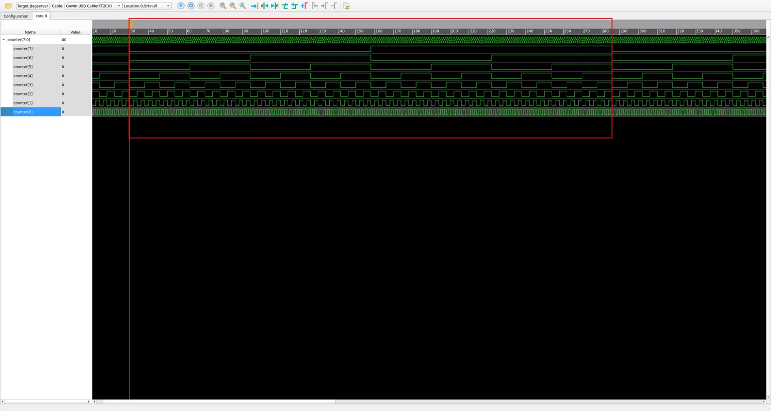 Zoomed out waveform view confirming counter[7:0] keeps incrementing by one every clock cycle