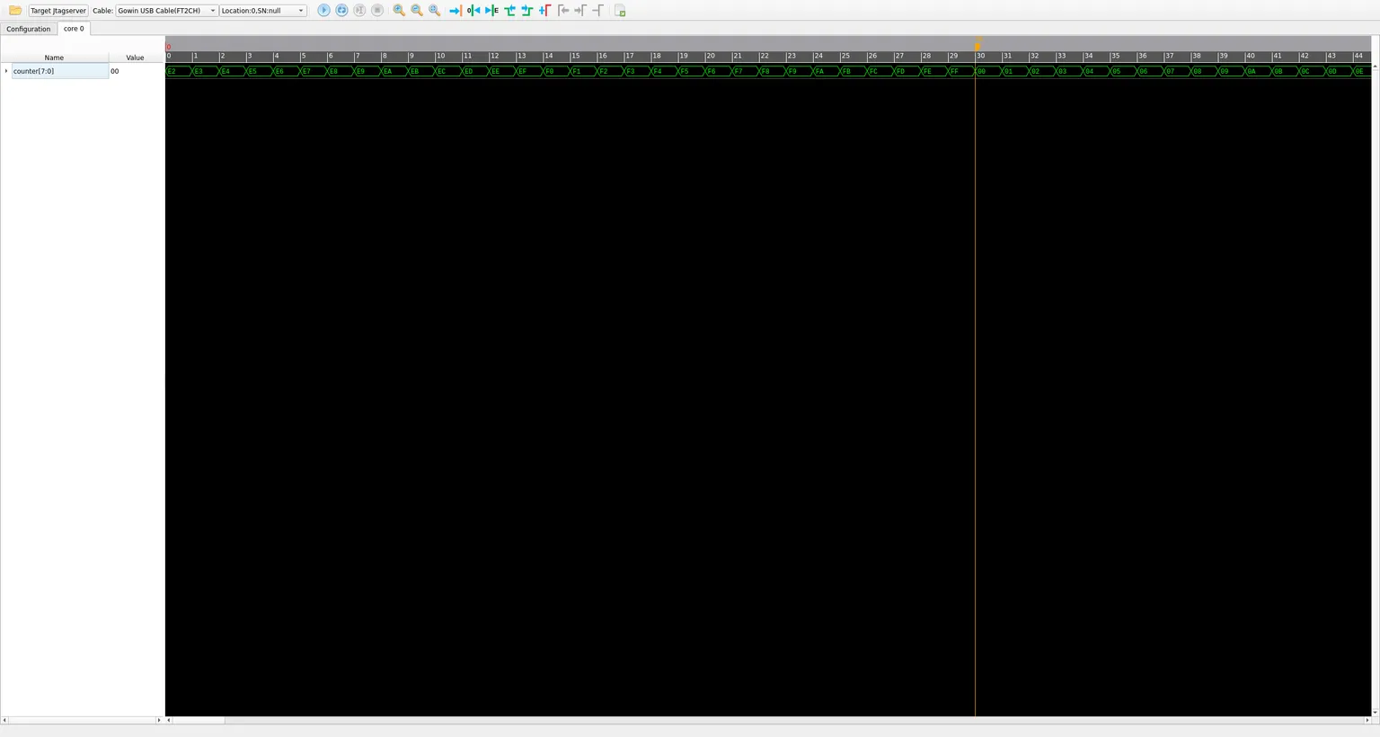 Captured waveform of counter[7:0] as a hex bus, with the trigger marker at sample 30 where the value rolls over to 00