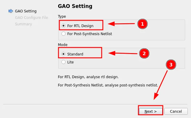GAO Setting step selecting For RTL Design and Standard mode before clicking Next