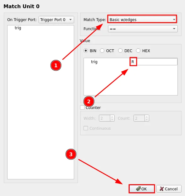 Match Unit 0 dialog with Match Type set to Basic w/edges and trig's value set to R for a rising edge