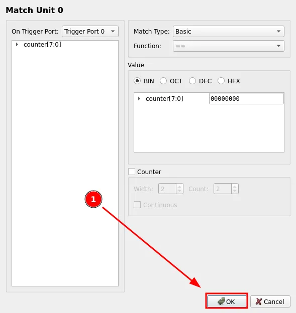 Match Unit 0 configured with Trigger Port 0, function == and binary value 00000000 before clicking OK