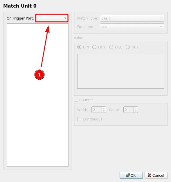 Match Unit 0 dialog with the On Trigger Port dropdown empty, about to select a port