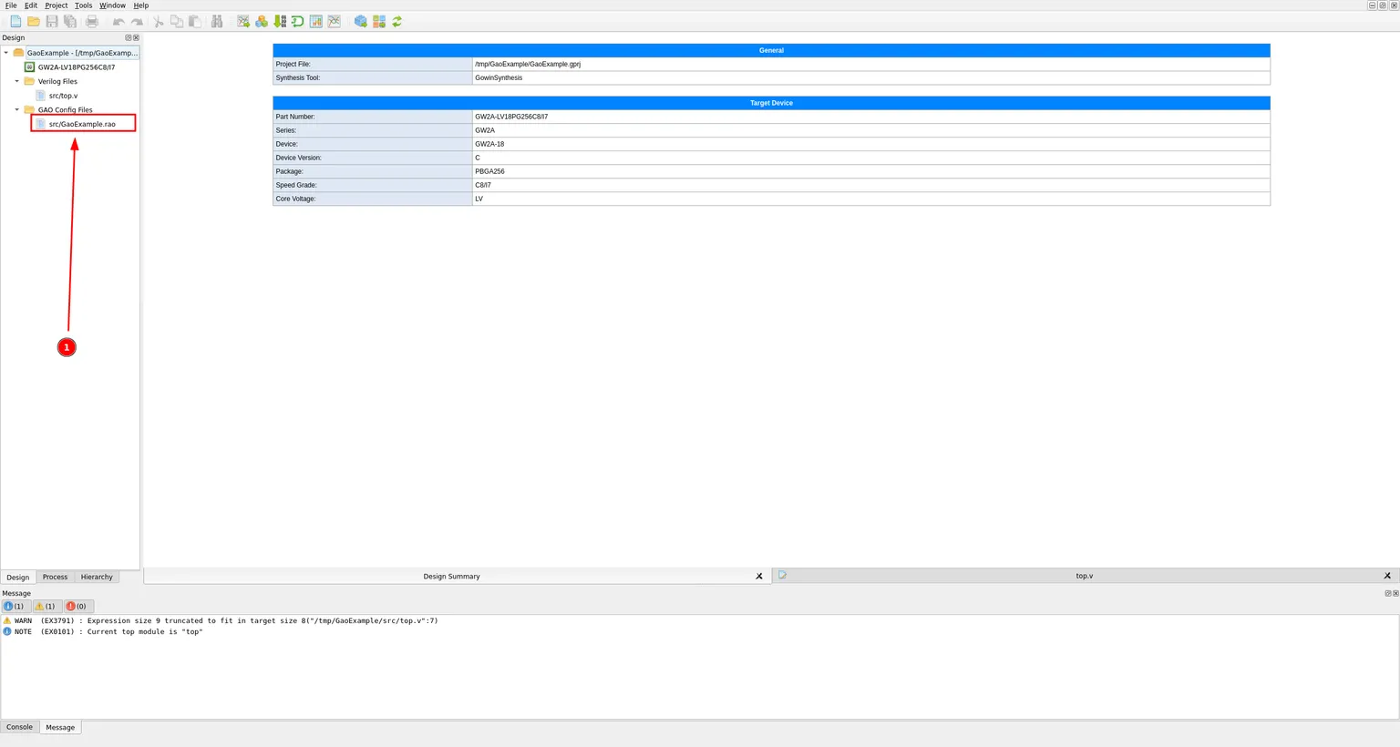 Project tree showing the newly created GaoExample.rao file under the GAO Config Files group