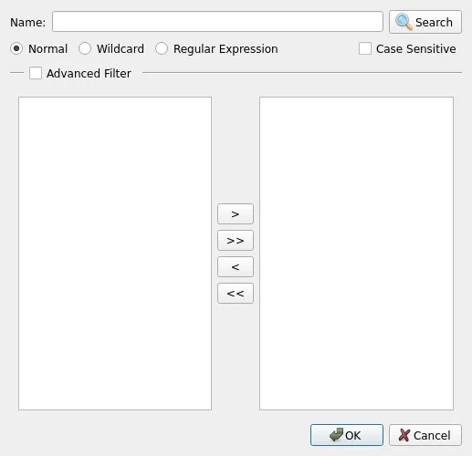 Empty signal browser dialog with a Name search field and two empty list panes