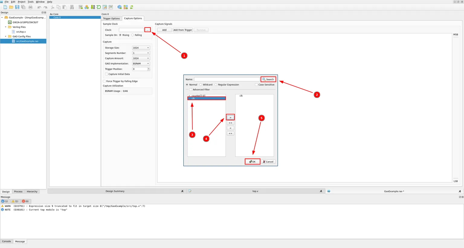 Capture Options tab selecting clk as the sample clock through the signal browser