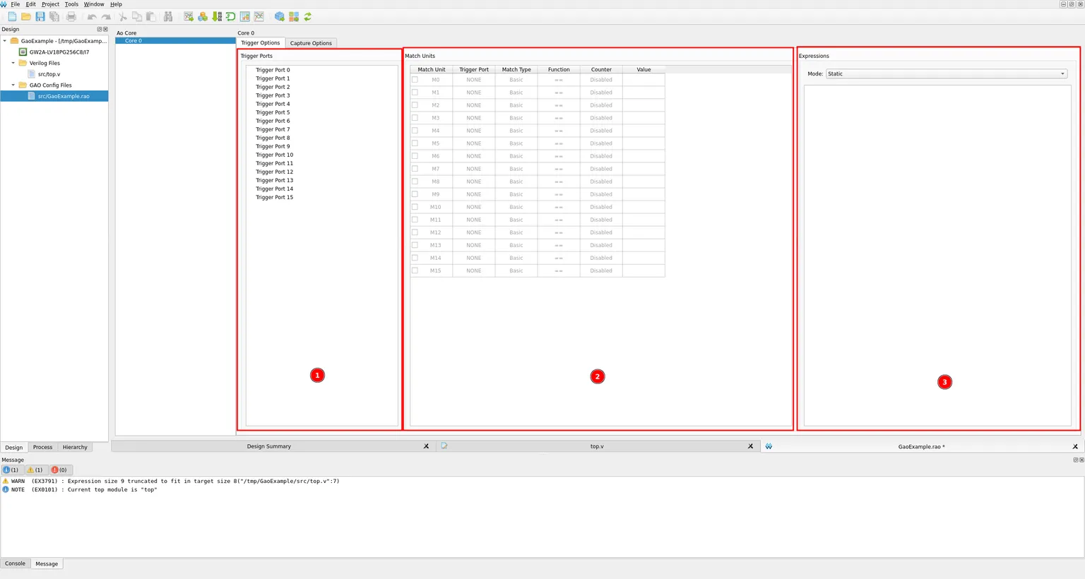 Trigger Options tab layout showing the Trigger Ports, Match Units and Expressions panels side by side