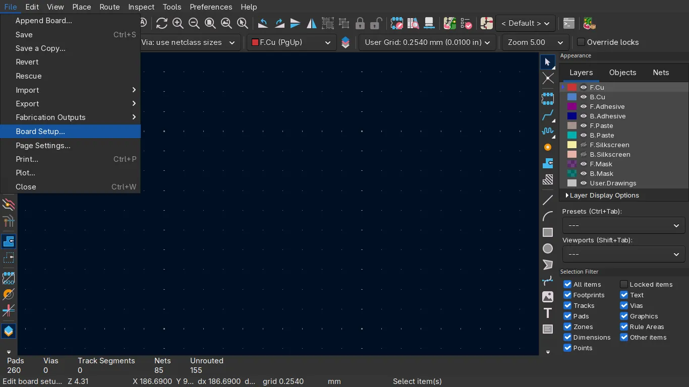 KiCad File menu with Board Setup highlighted