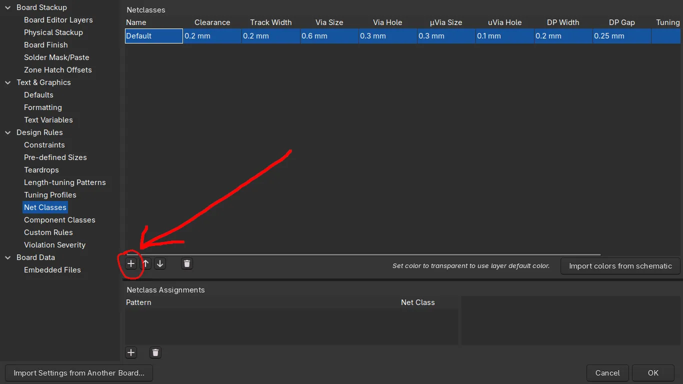 Add button used to create a new netclass in KiCad