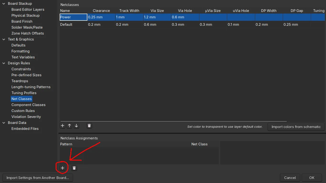 Add button used to create a new net matching pattern in KiCad