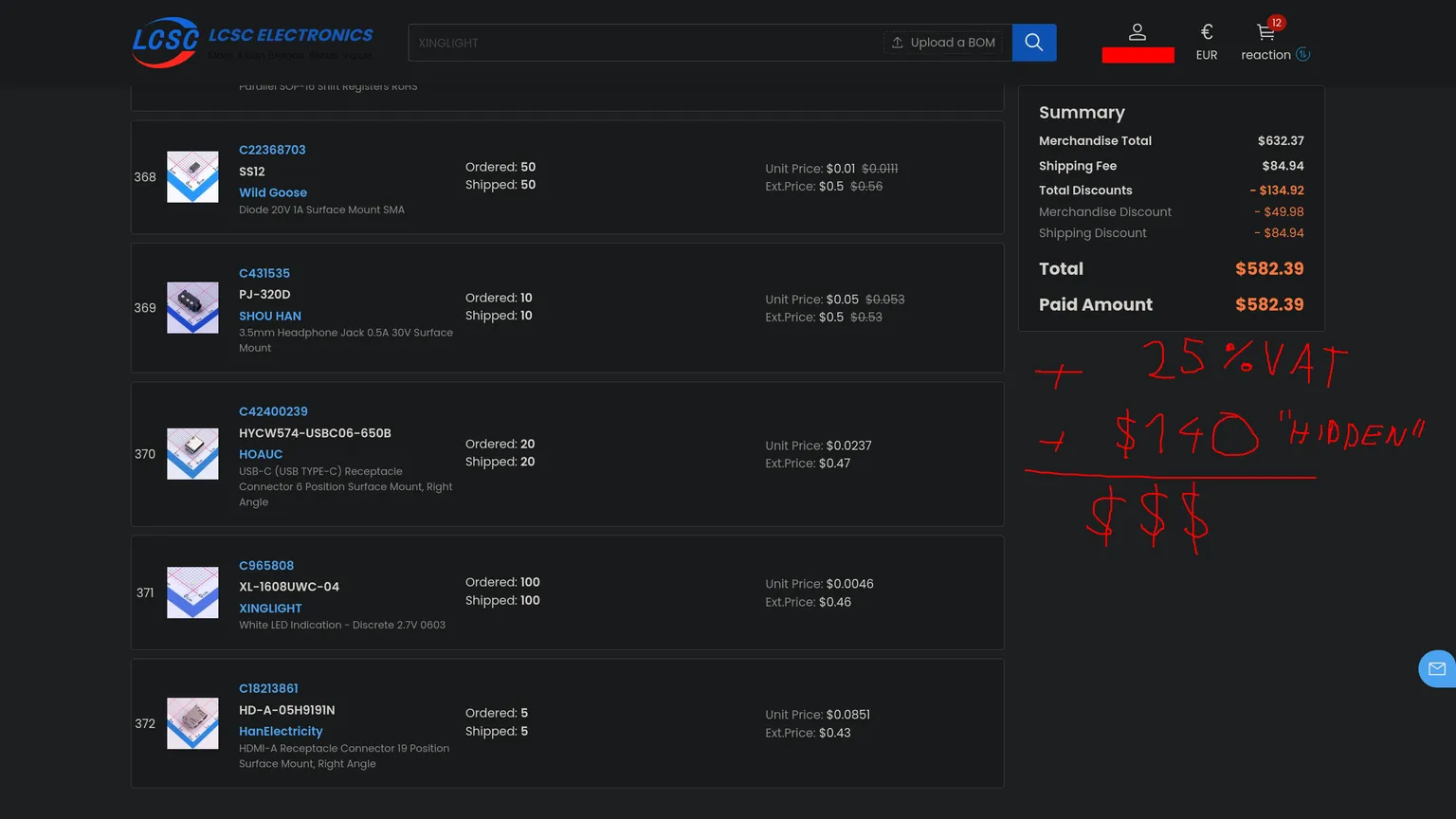 LCSC order summary annotated with the hidden VAT and additional fees not shown at checkout