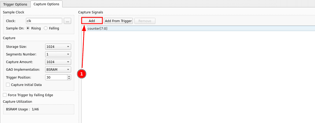 Capture Signals list with counter[7:0] already present and the Add button highlighted to add another signal