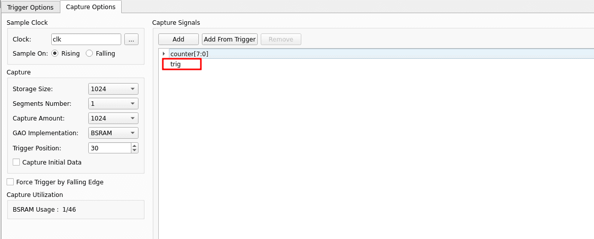 Capture Signals list now containing both counter[7:0] and trig
