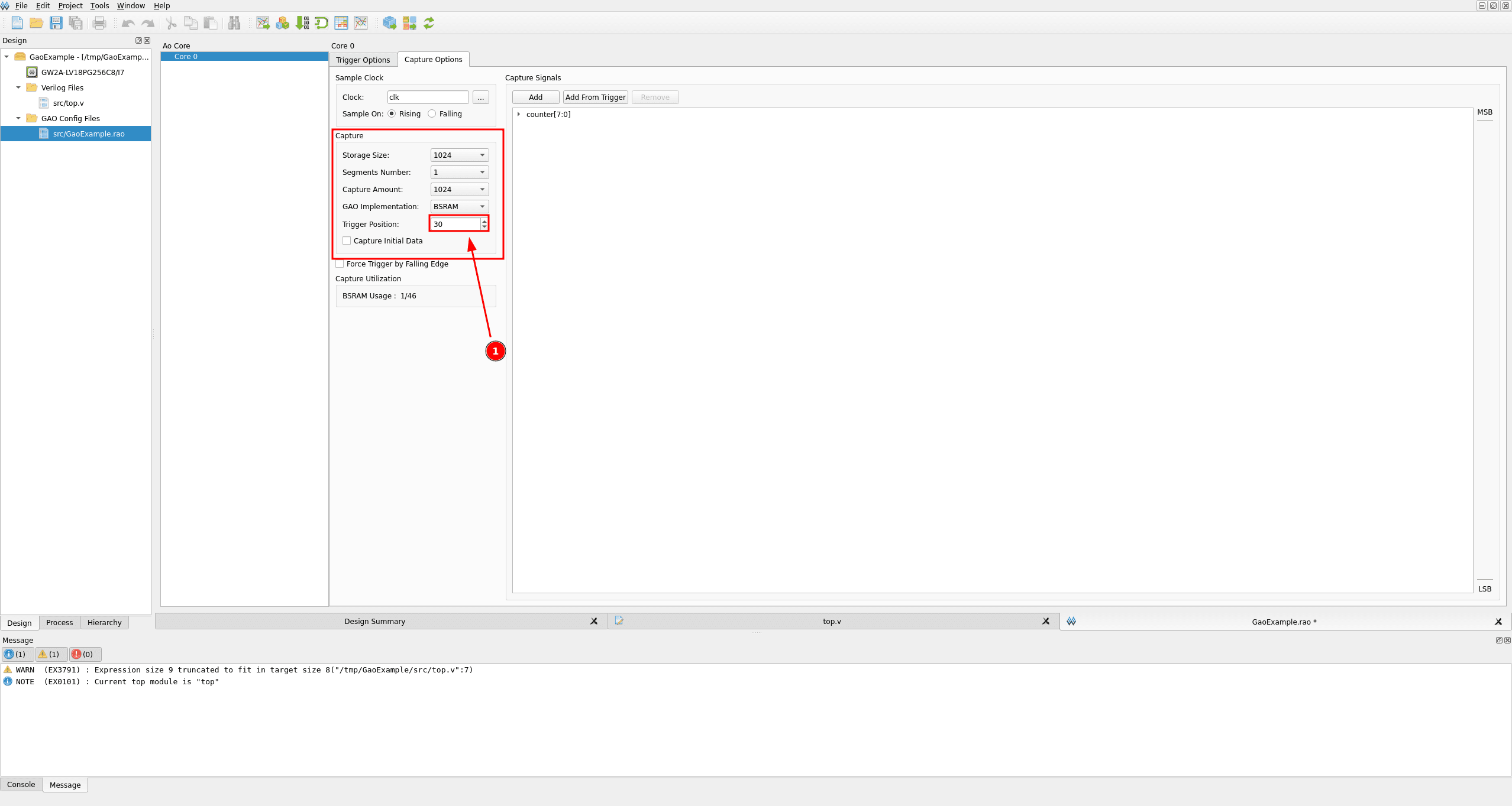 Capture settings with Trigger Position set to 30 out of a 1024 sample storage size