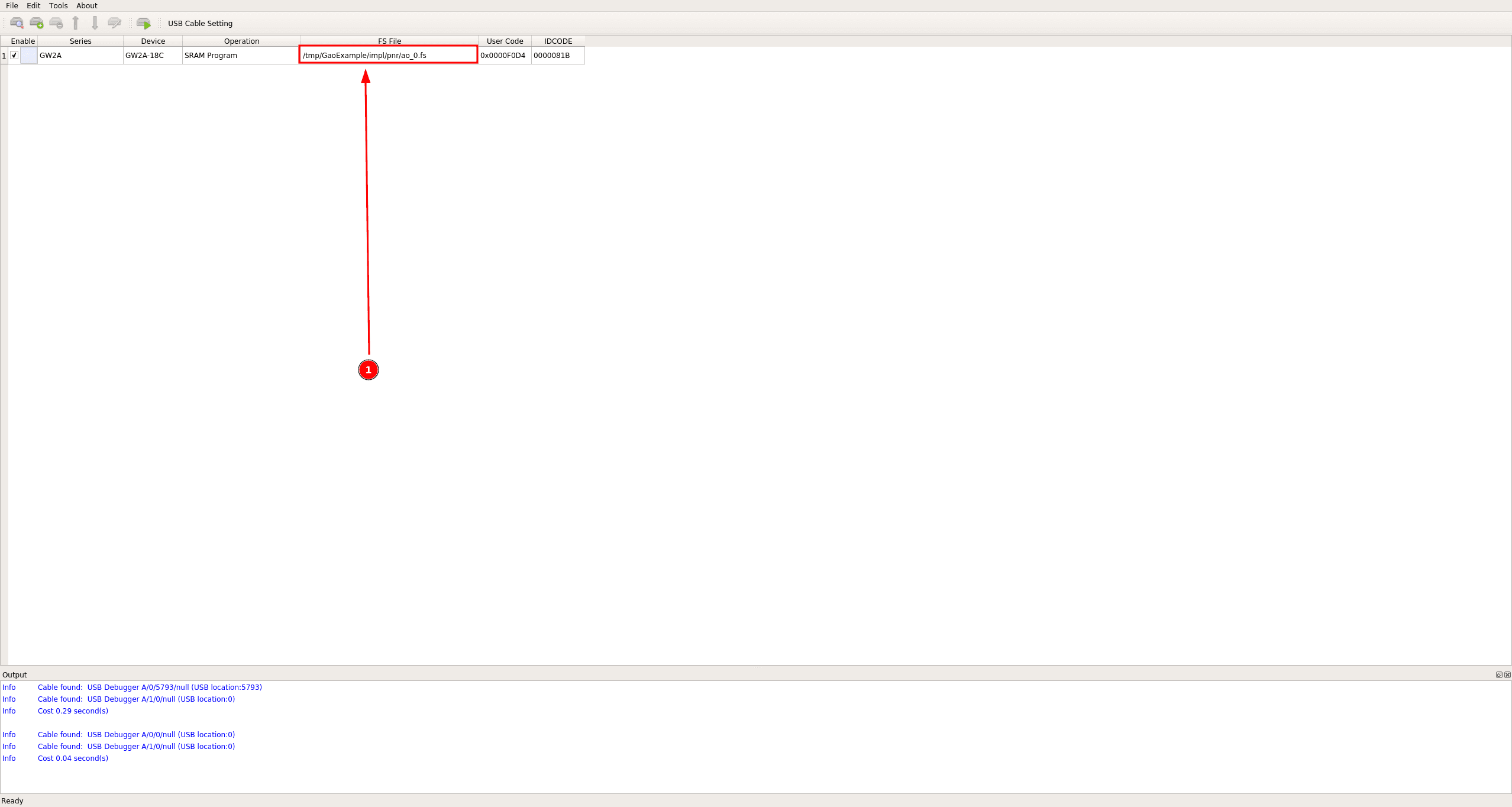USB Cable Setting dialog with the FS File pointing at the GAO-instrumented ao_0.fs bitstream