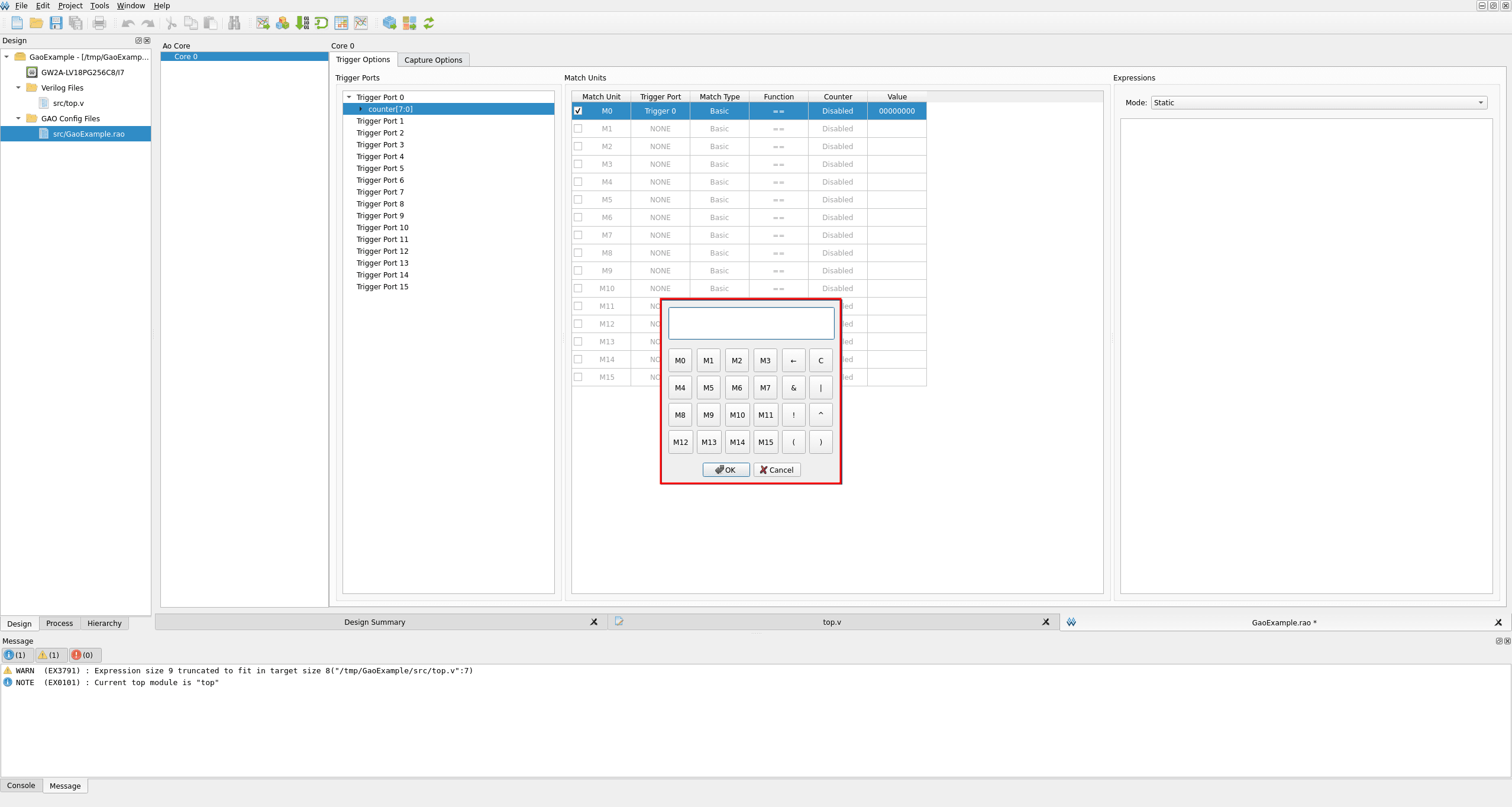 Expression keypad with buttons for match units M0 through M15 and logic operators such as AND, OR and NOT
