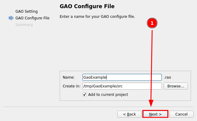 GAO Configure File step naming the file GaoExample inside the project's src folder before clicking Next
