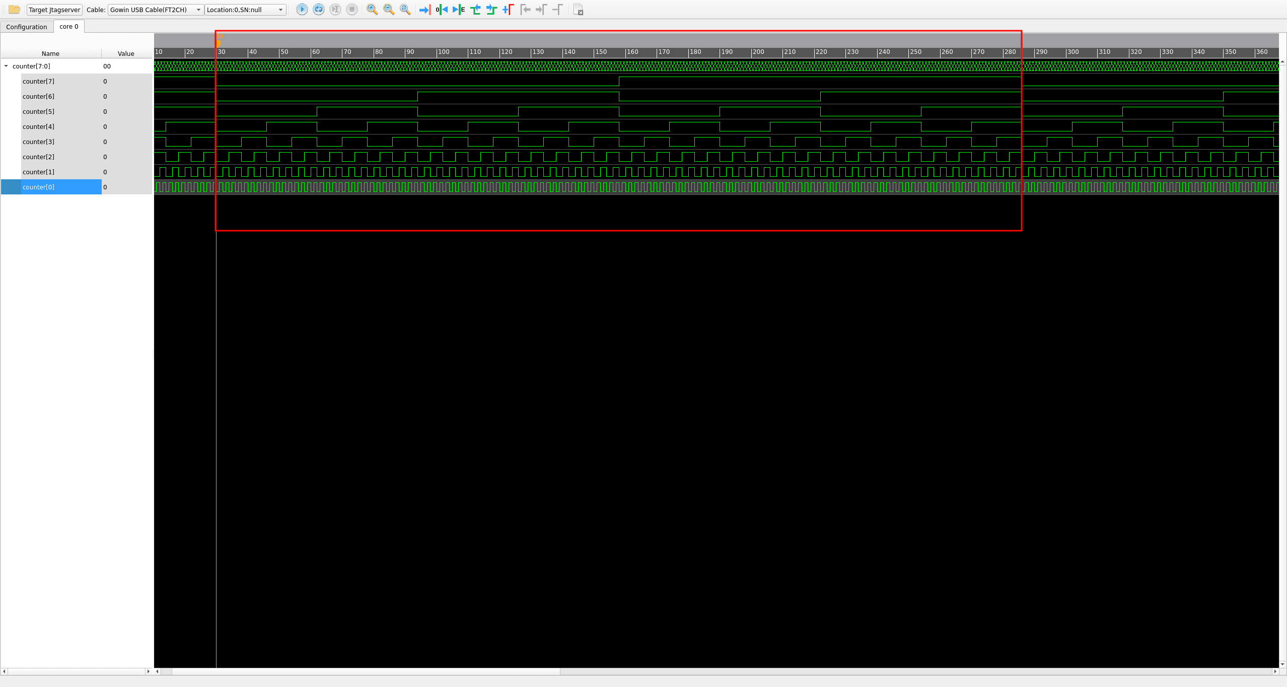 Zoomed out waveform view confirming counter[7:0] keeps incrementing by one every clock cycle