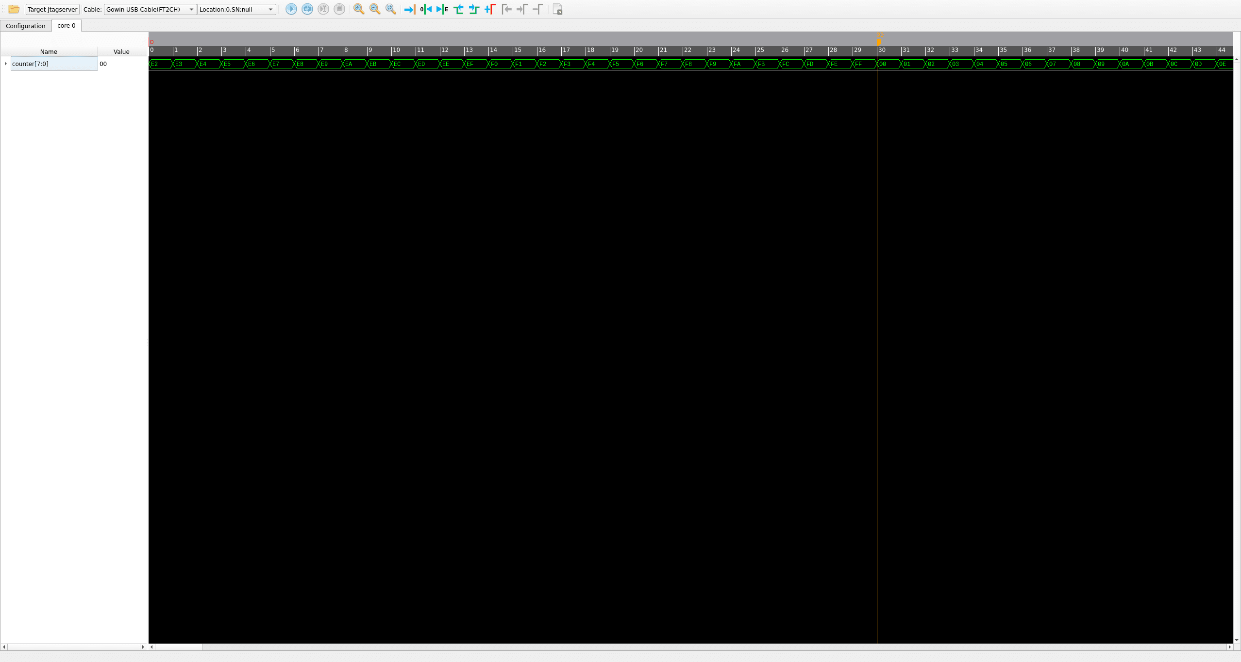 Captured waveform of counter[7:0] as a hex bus, with the trigger marker at sample 30 where the value rolls over to 00