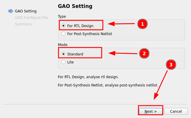 GAO Setting step selecting For RTL Design and Standard mode before clicking Next