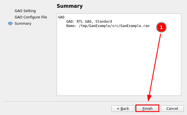 Summary step showing RTL GAO, Standard mode and the GaoExample.rao path before clicking Finish