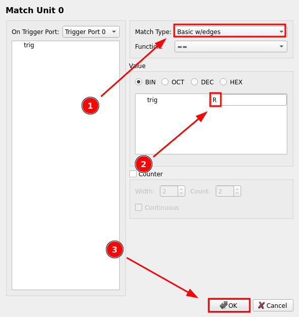 Match Unit 0 dialog with Match Type set to Basic w/edges and trig's value set to R for a rising edge