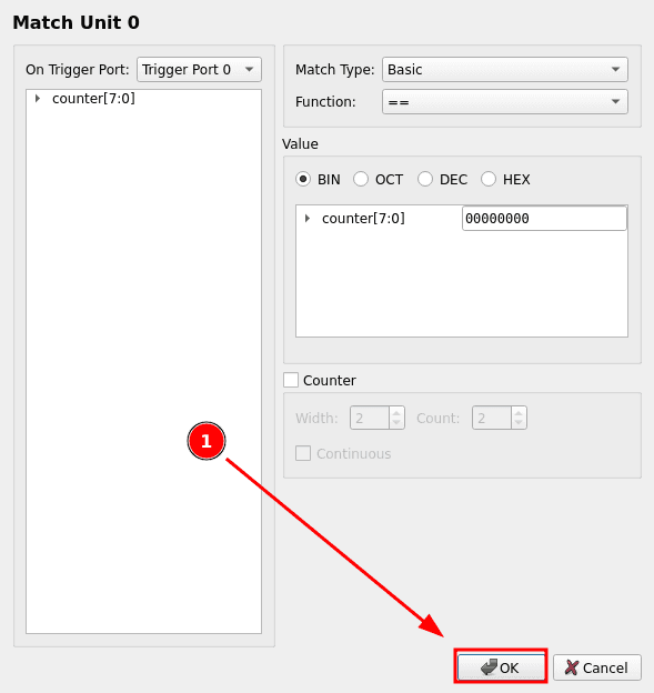 Match Unit 0 configured with Trigger Port 0, function == and binary value 00000000 before clicking OK