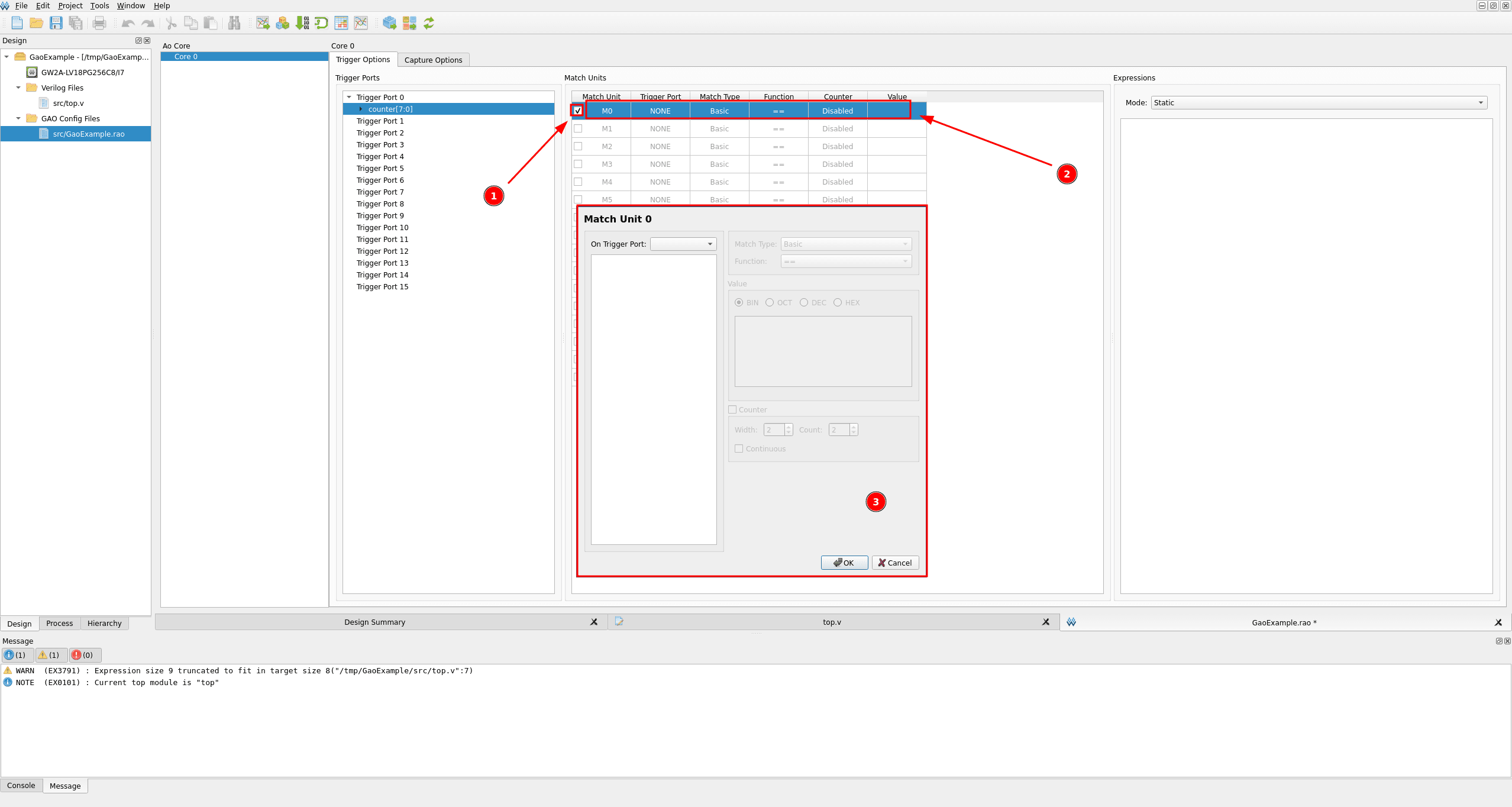 Match Units table with M0 checked and its row clicked, opening the Match Unit 0 dialog