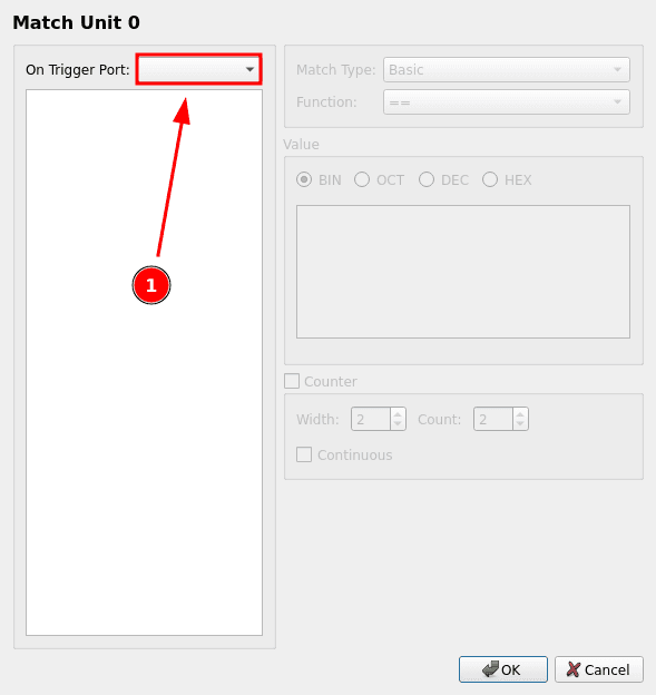 Match Unit 0 dialog with the On Trigger Port dropdown empty, about to select a port
