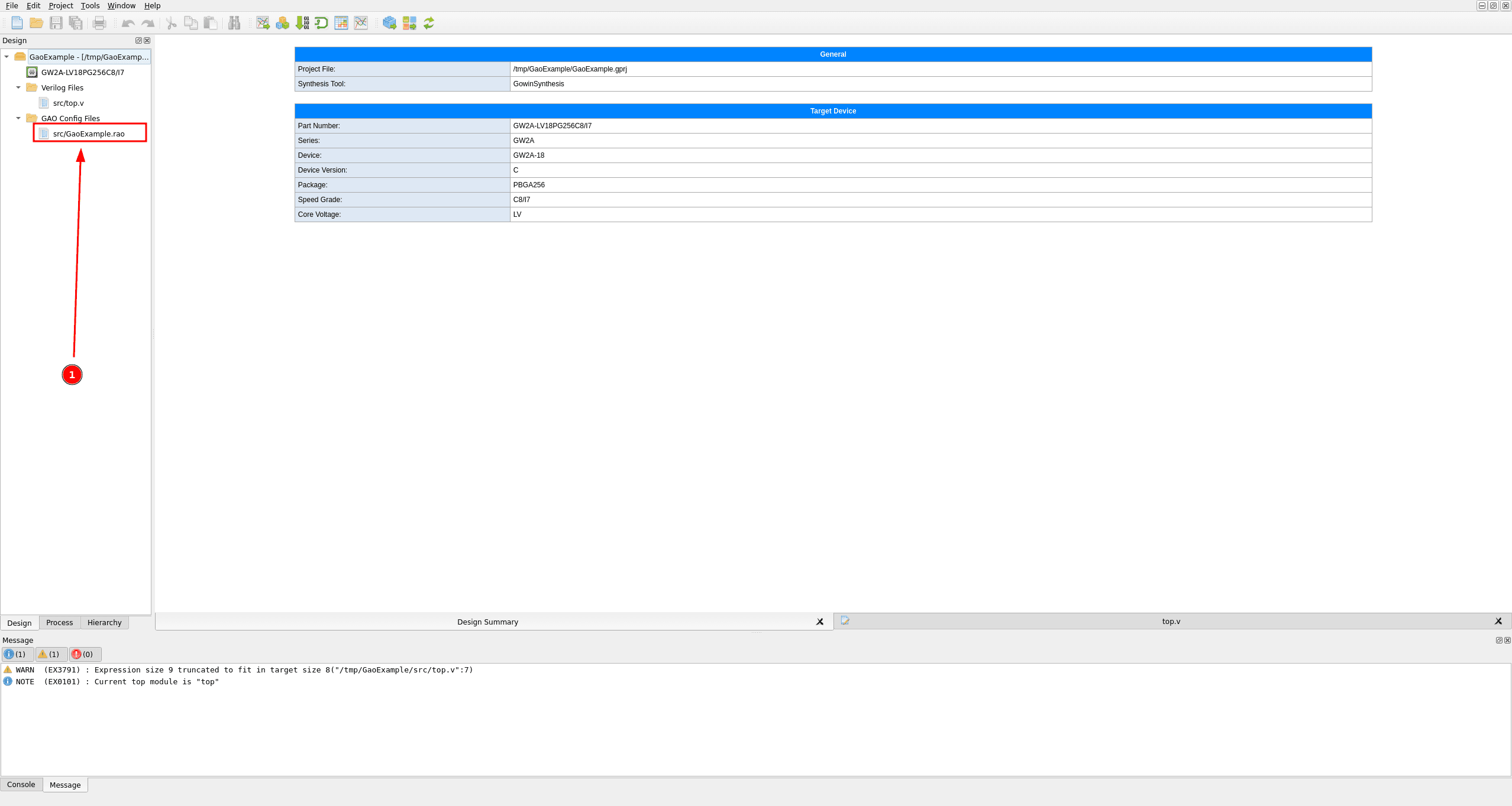 Project tree showing the newly created GaoExample.rao file under the GAO Config Files group
