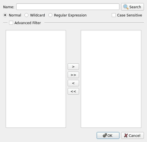 Empty signal browser dialog with a Name search field and two empty list panes