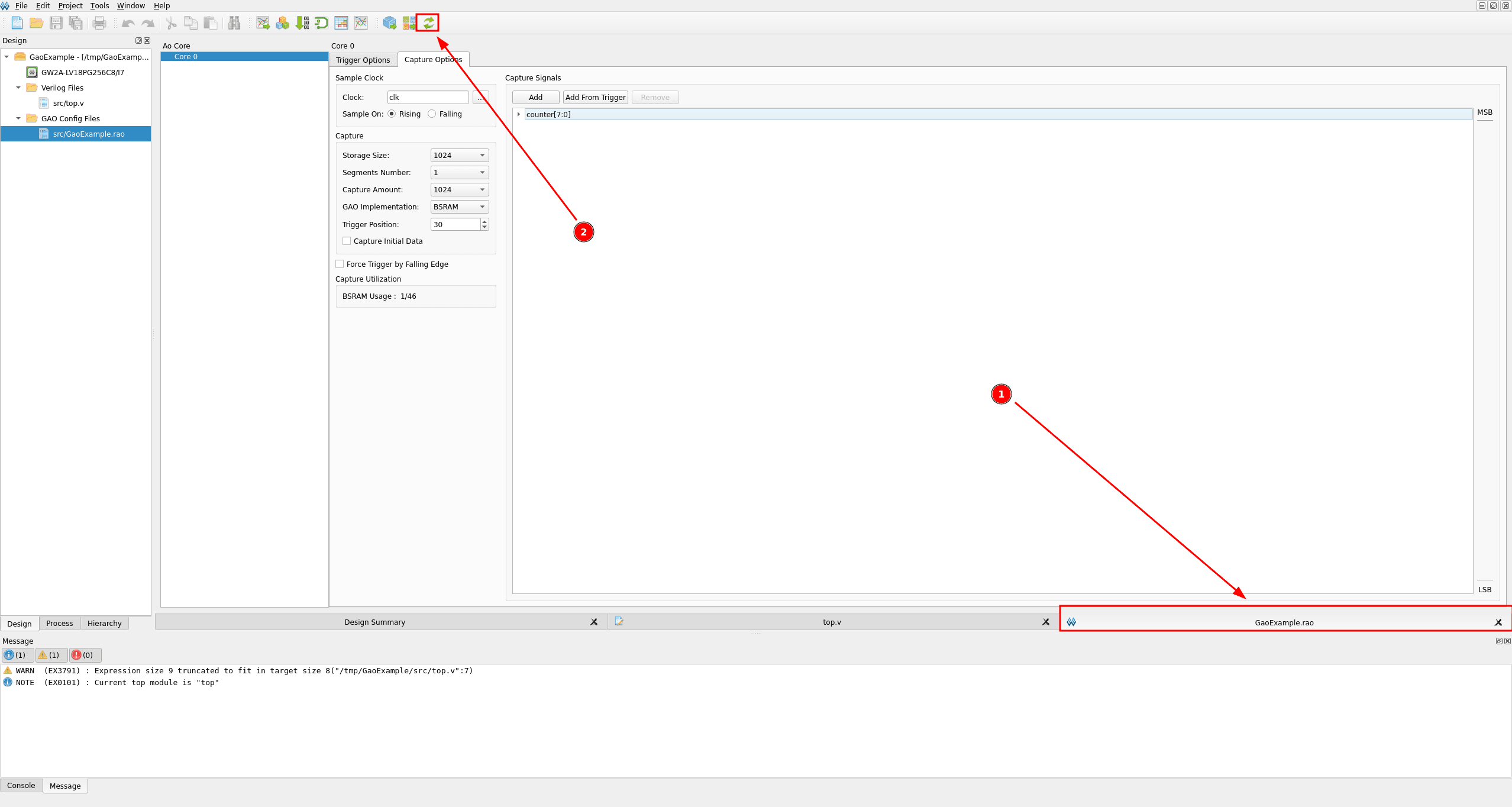 Toolbar with the Rerun All icon highlighted to resynthesize the design with the GAO core included