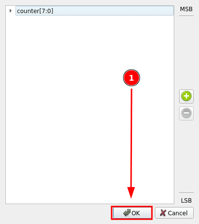 Trigger port signal panel now containing counter[7:0] before clicking OK to save
