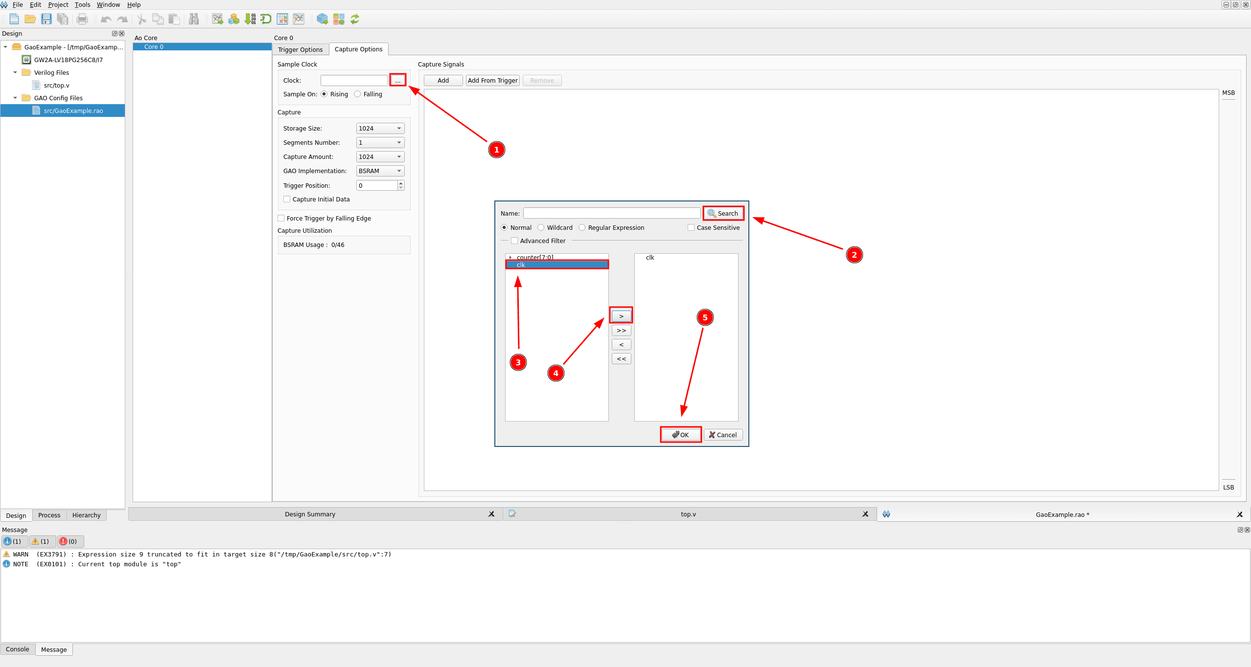 Capture Options tab selecting clk as the sample clock through the signal browser