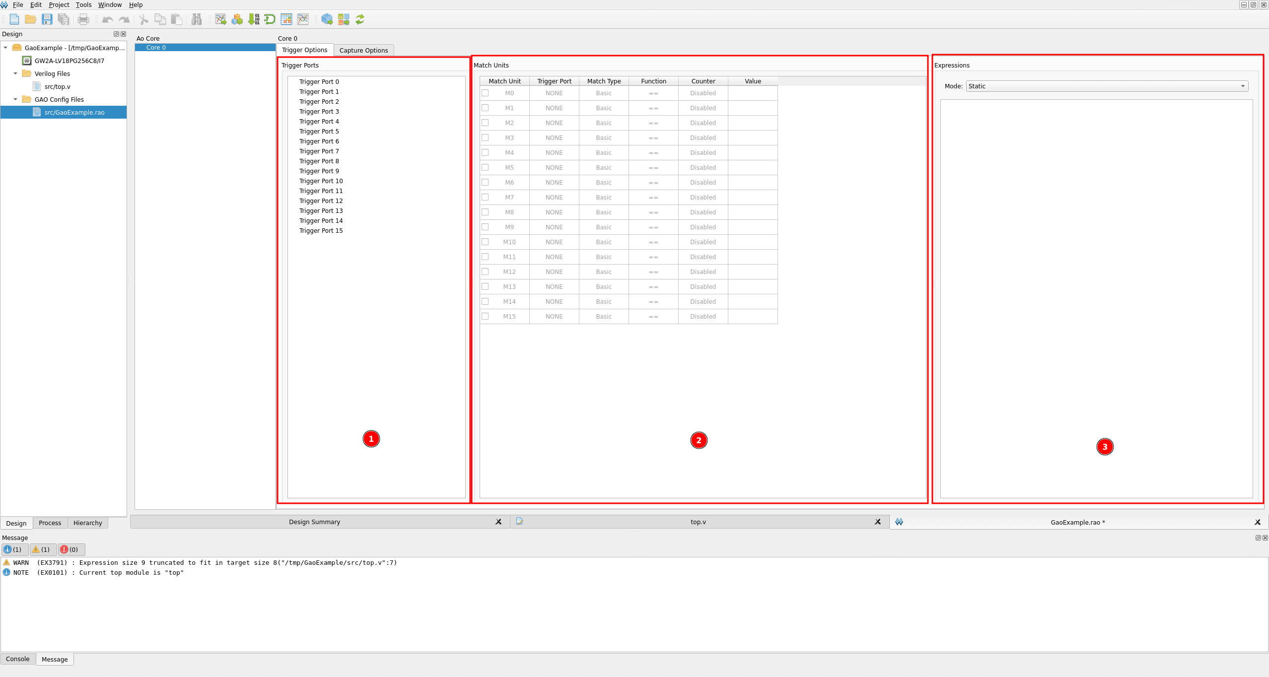 Trigger Options tab layout showing the Trigger Ports, Match Units and Expressions panels side by side