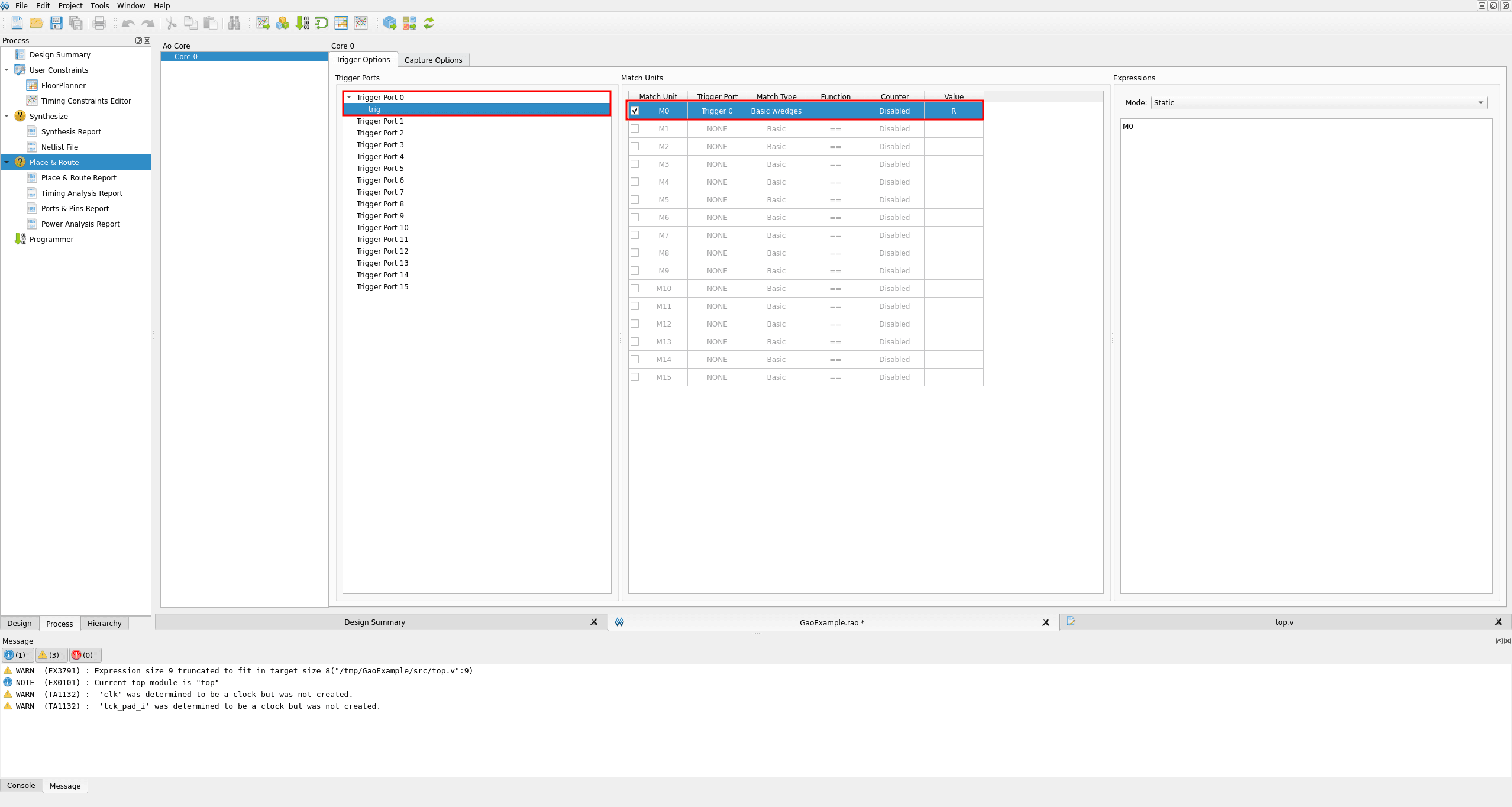 Trigger Options tab showing Trigger Port 0 assigned to trig and Match Unit 0 set to Basic w/edges with value R