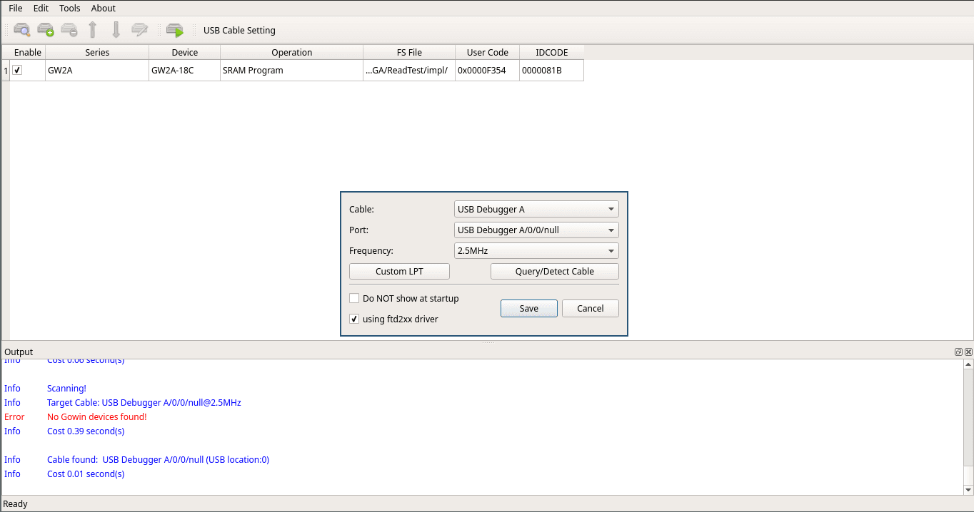 Gowin Programmer window with no detected FPGA device
