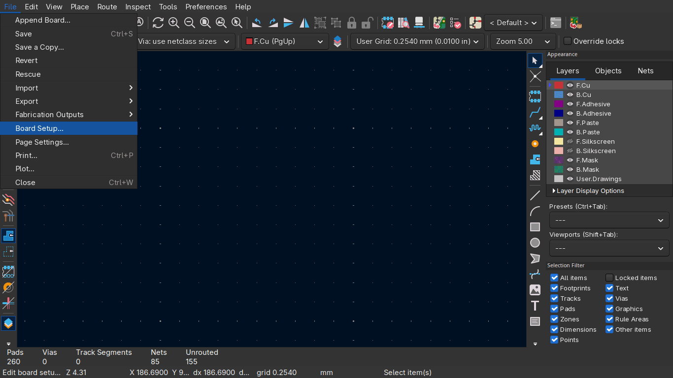 KiCad File menu with Board Setup highlighted