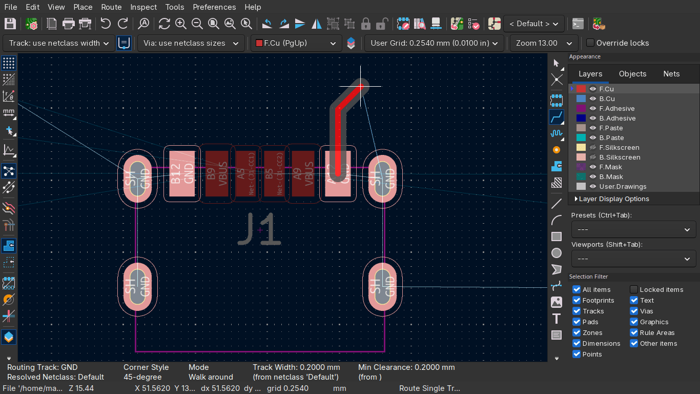 Track routed on a regular net using the default netclass width