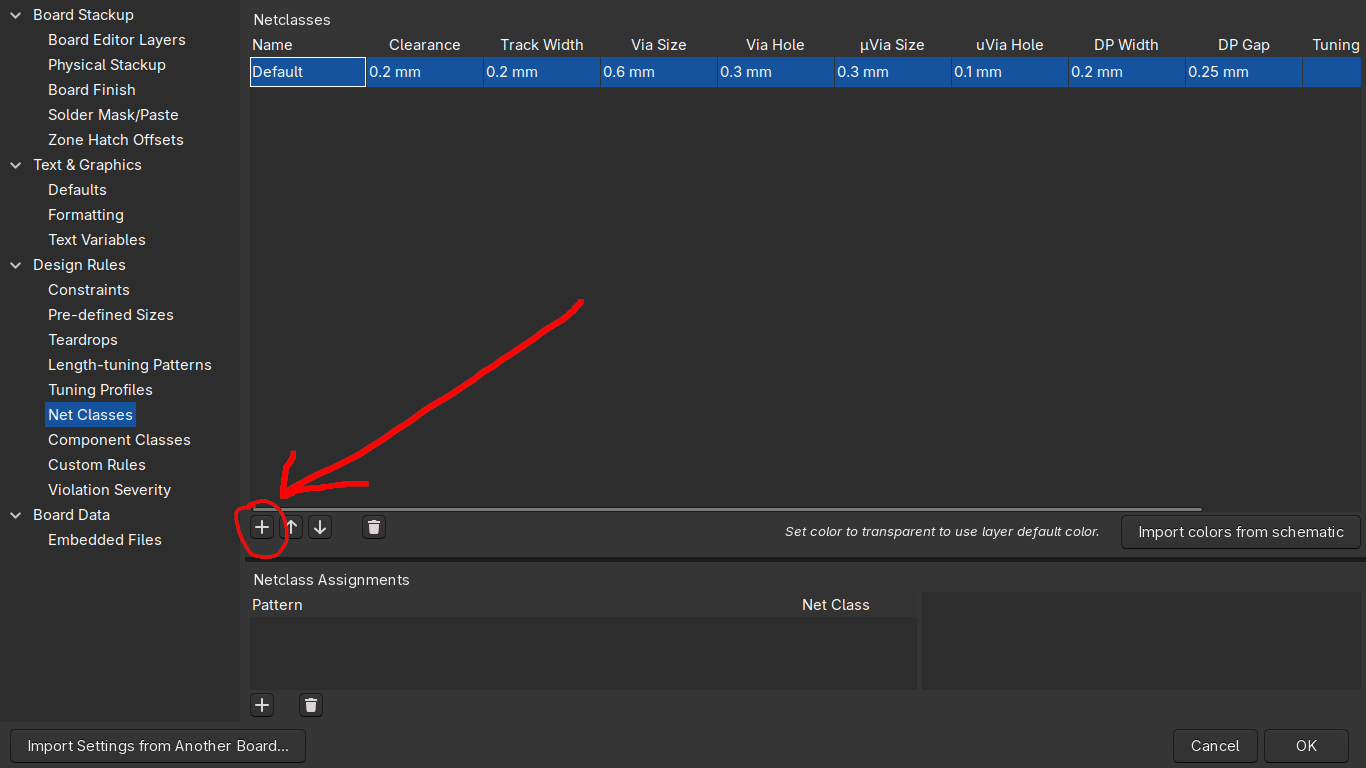 Add button used to create a new netclass in KiCad