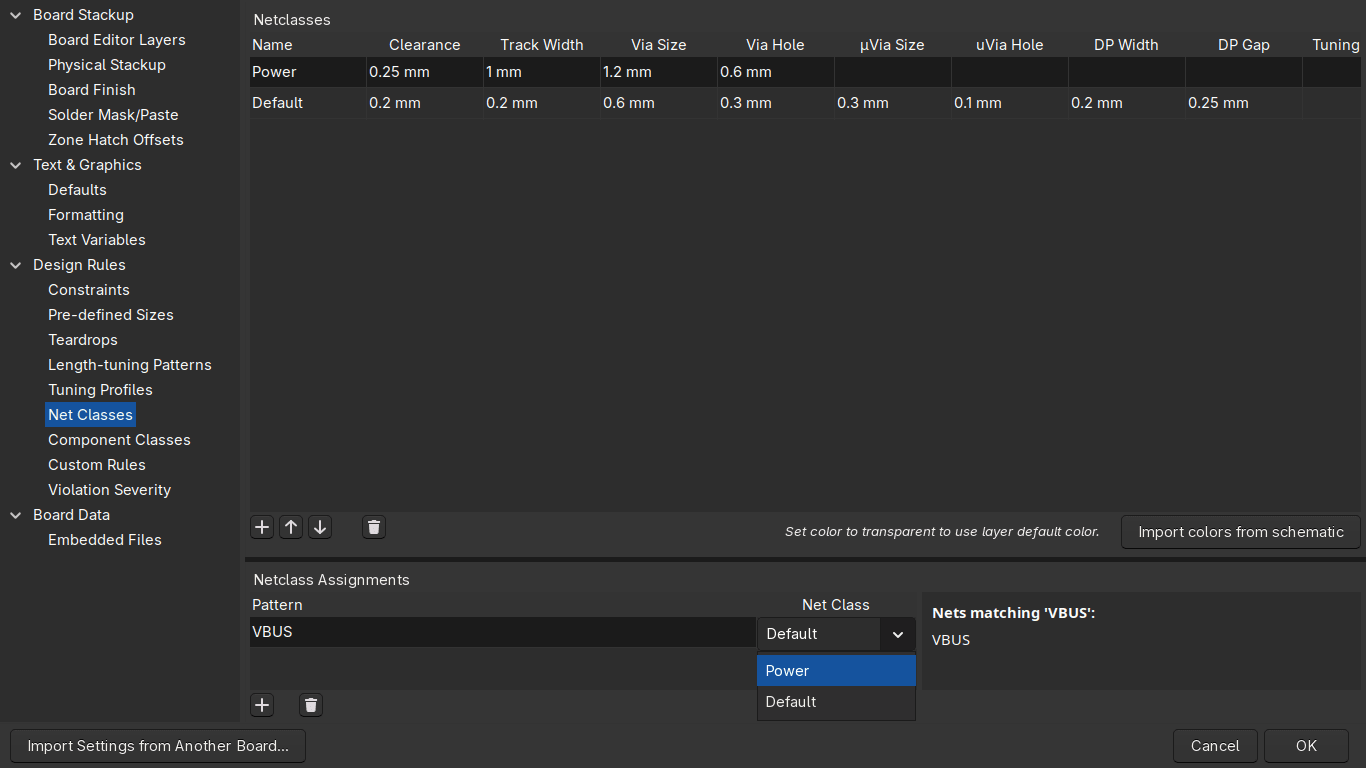 Pattern set to VBUS and assigned to the Power netclass