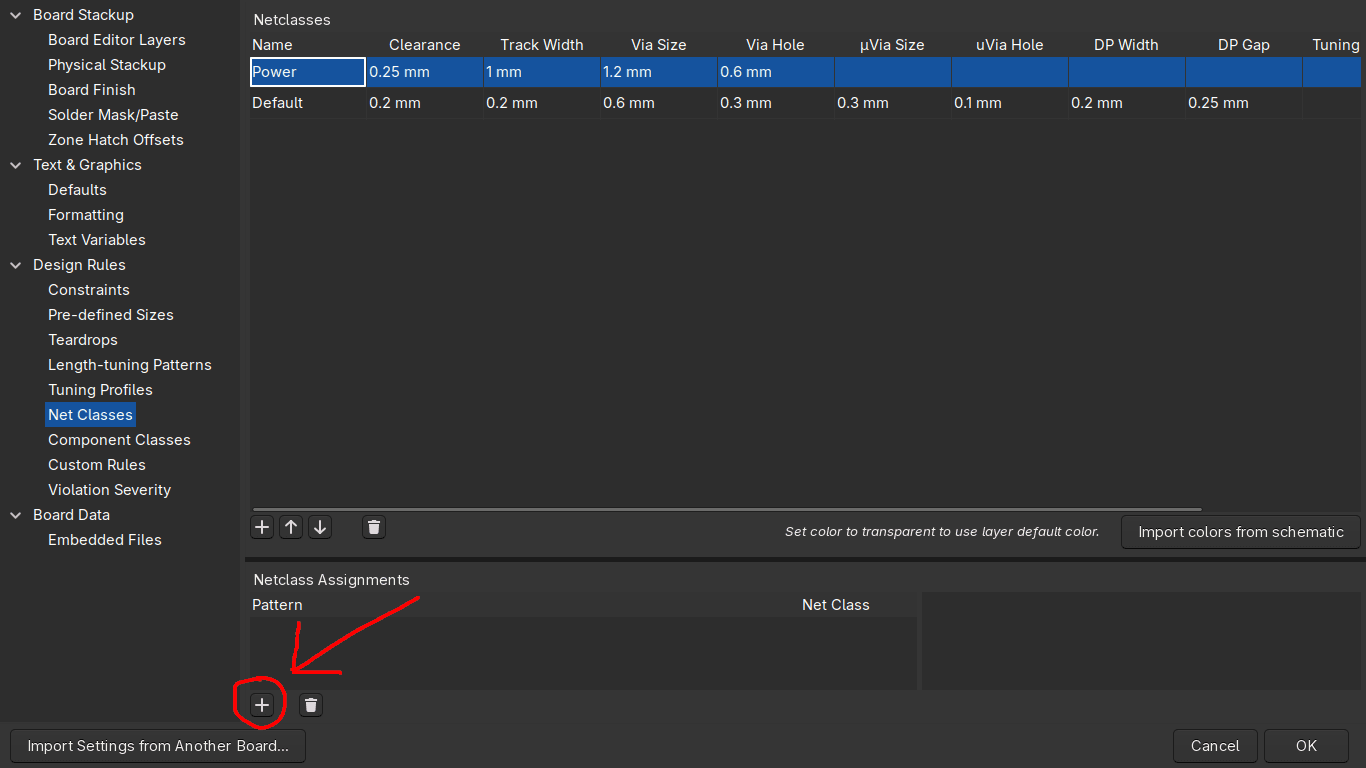 Add button used to create a new net matching pattern in KiCad