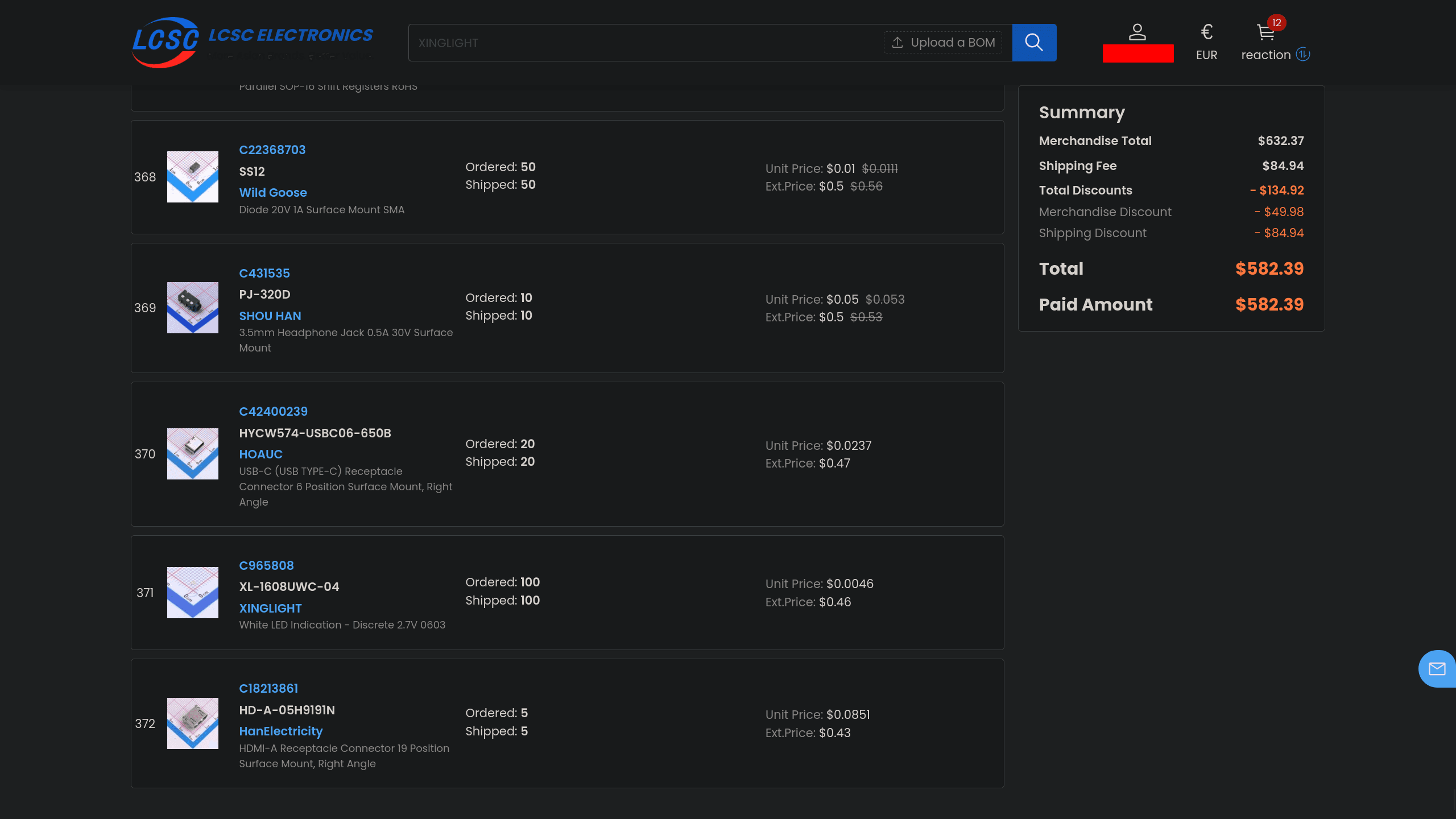 LCSC order summary showing the itemized components and paid total