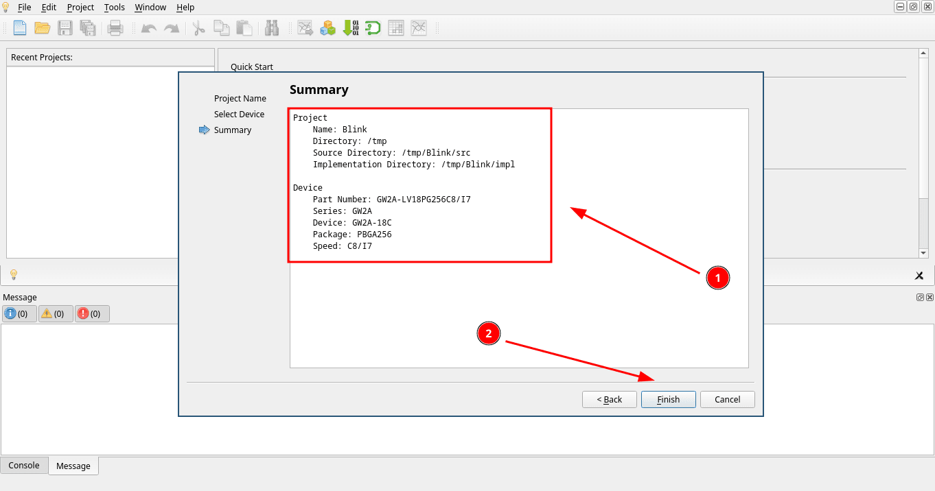 Summary step reviewing the project name, directories and selected device before clicking Finish