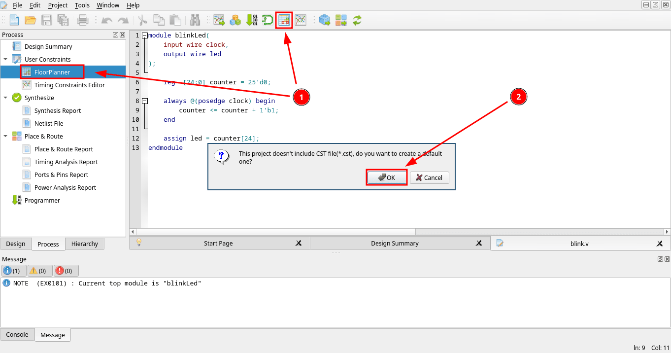 Opening FloorPlanner with a prompt to create a default constraints (.cst) file since the project doesn't have one yet