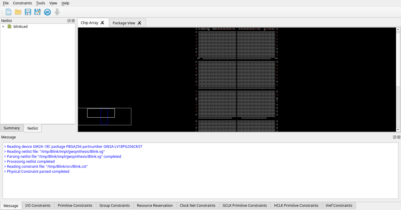 FloorPlanner's chip array view after it opens, with the netlist and constraint files loaded
